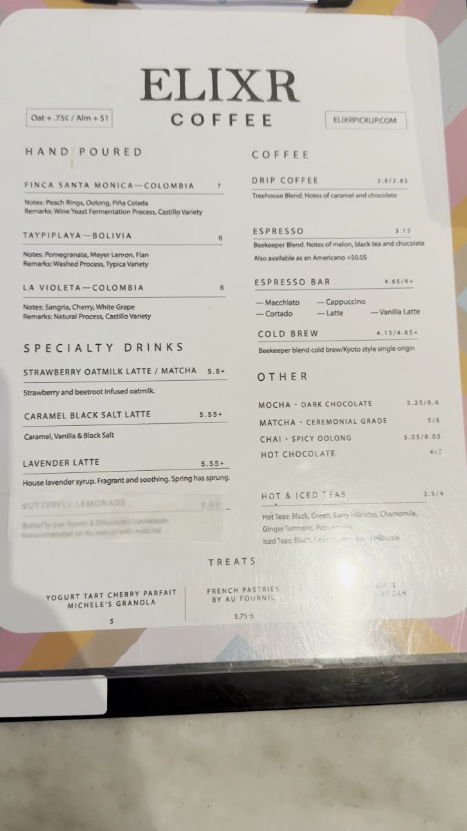 Elixr Coffee Roasters Menu - Image 1